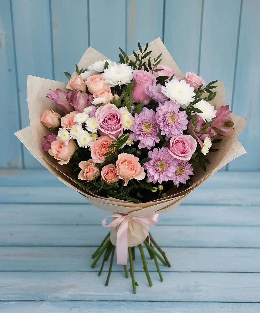 Букет цветов из: Хризантемы, Розы и Альстромерии в Атепцево