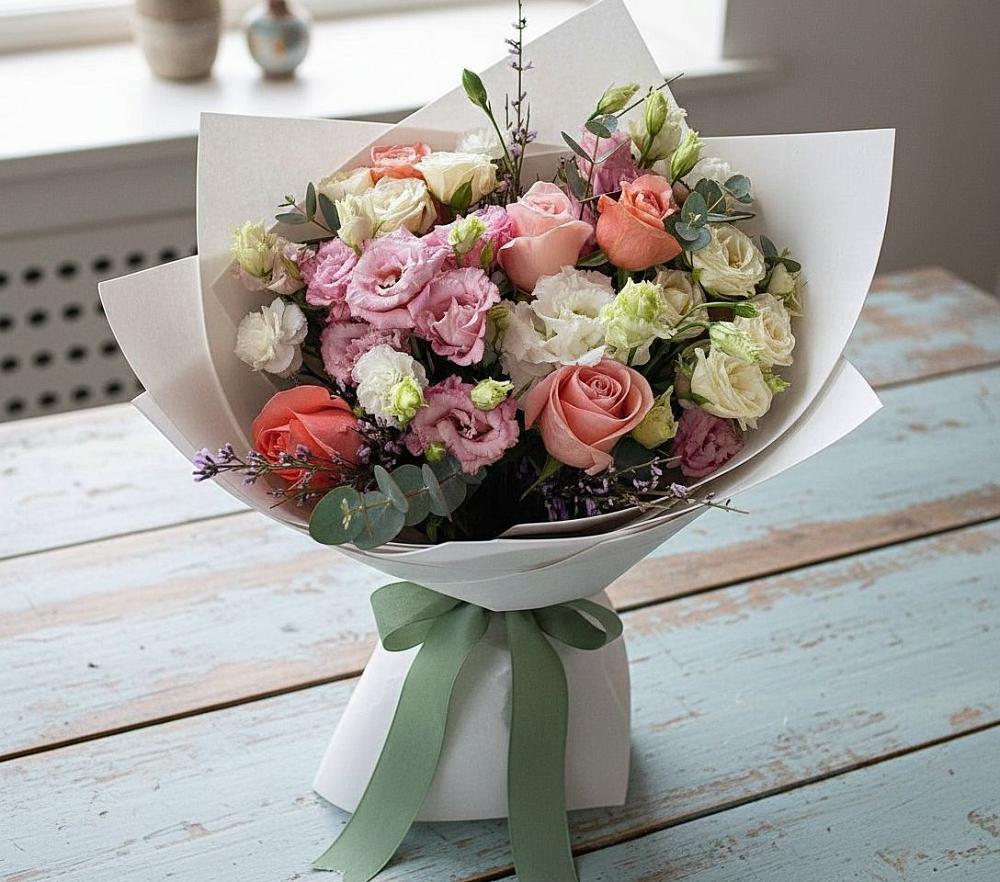 Букет цветов из: Розы, Лизиантусы и Гвоздики в Атепцево