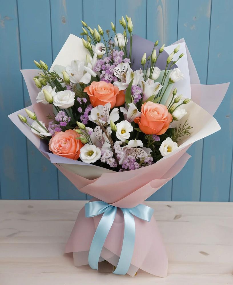 Букет цветов из: Лизиантусы, Розы, Альстромерии и Гипсофила в Атепцево