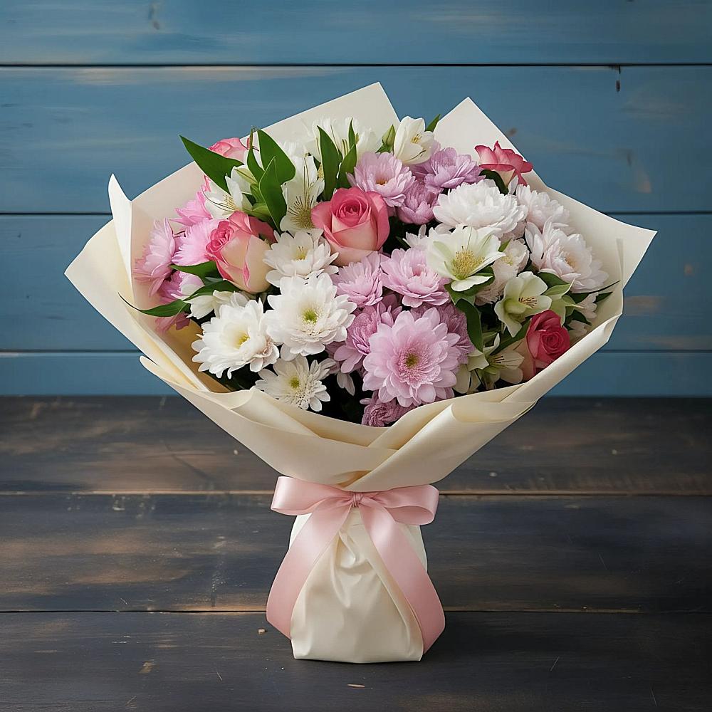 Букет цветов из: Хризантемы, Альстромерии и Розы в Атепцево